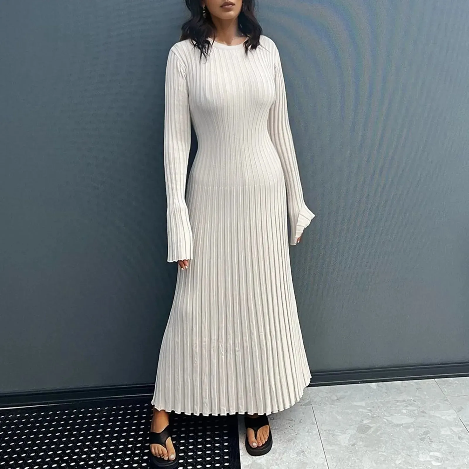 Color Round Neck Long Sleeved Pleated Slim White Long Office Streetwear Casual Solid Dress