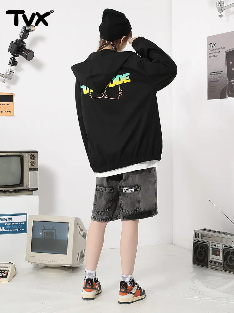 Color television letter-printed label double front hooded jacket