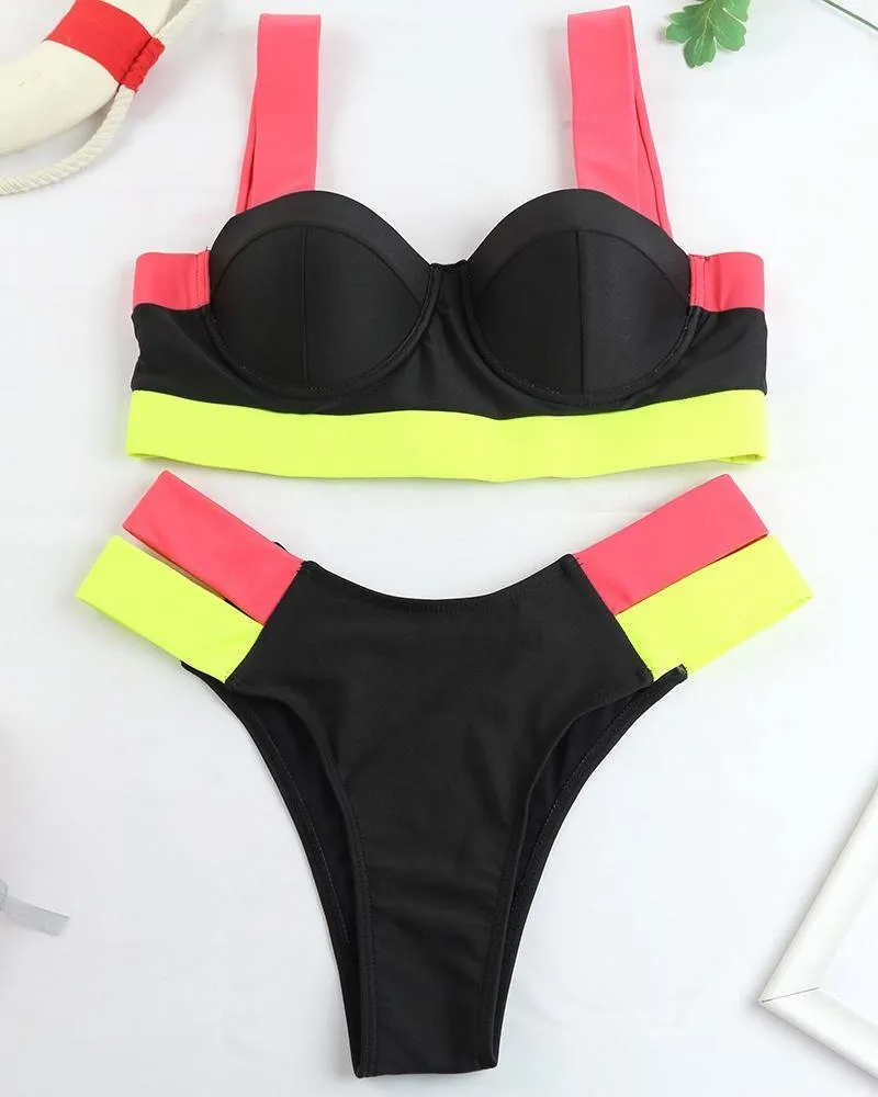 Colorblock Sleeveless Bra With Panties Bikini Sets