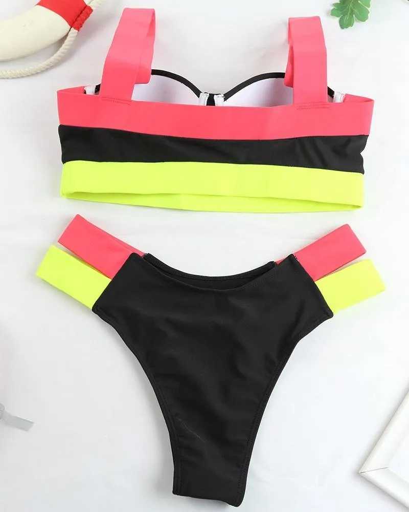 Colorblock Sleeveless Bra With Panties Bikini Sets