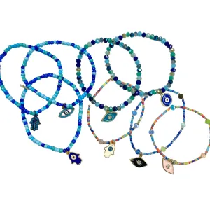 Colorful Beaded Evil Eye And Hamsa Stretch Bracelets