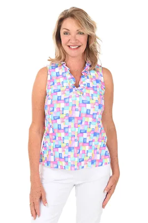 Colorful Cubes Cooling UPF50  Ruffle Neck Sleeveless Top