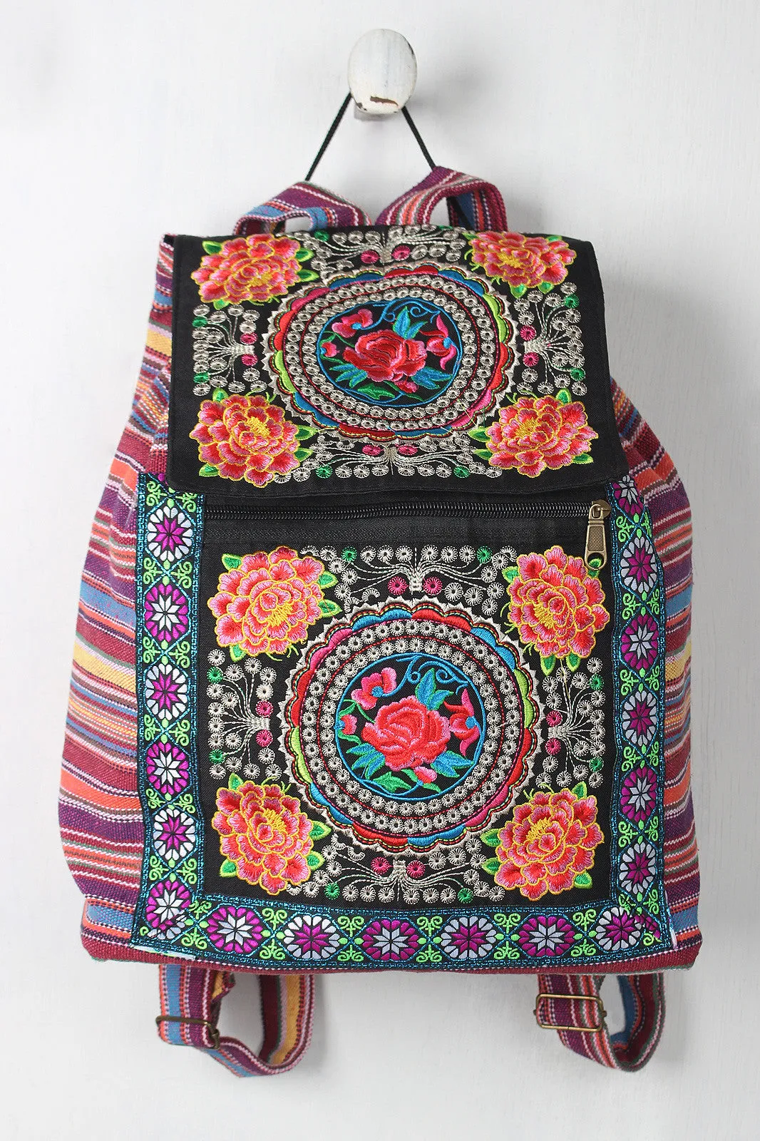 Colorful Embroidered Floral Striped Backpack