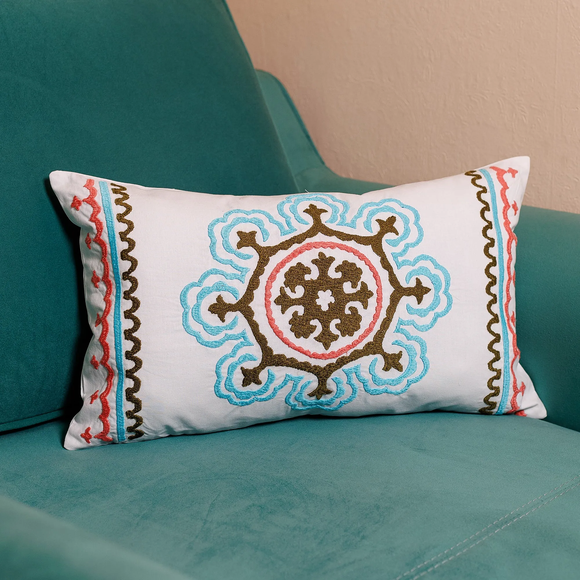 Colorful Hand-Embroidered Suzani Cotton Cushion Cover - Tajik Splendor | NOVICA