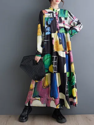 Colorful Loose Large Size Print Mid-Length A-Line Dress