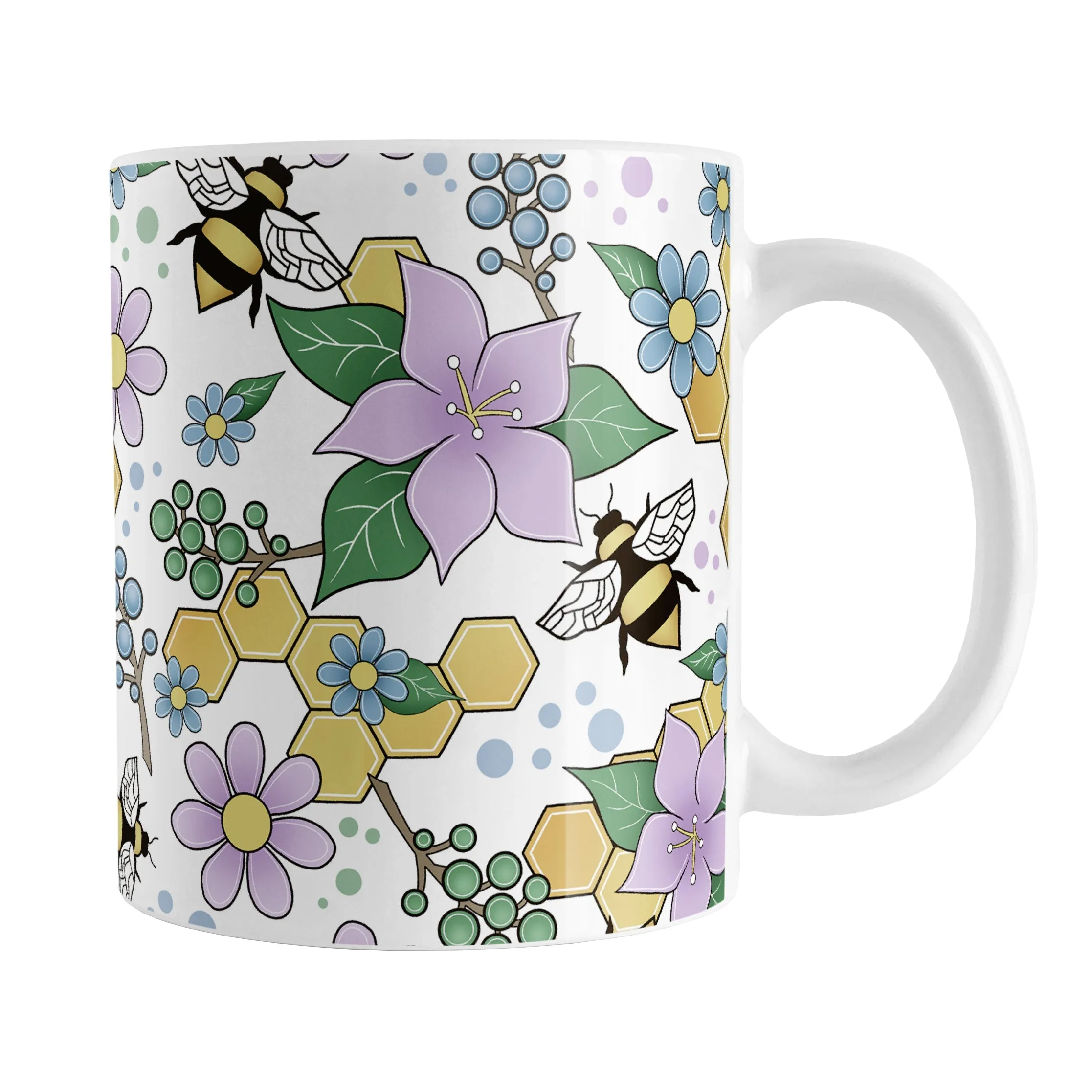 Colorful Purple Floral Bee Pattern Mug