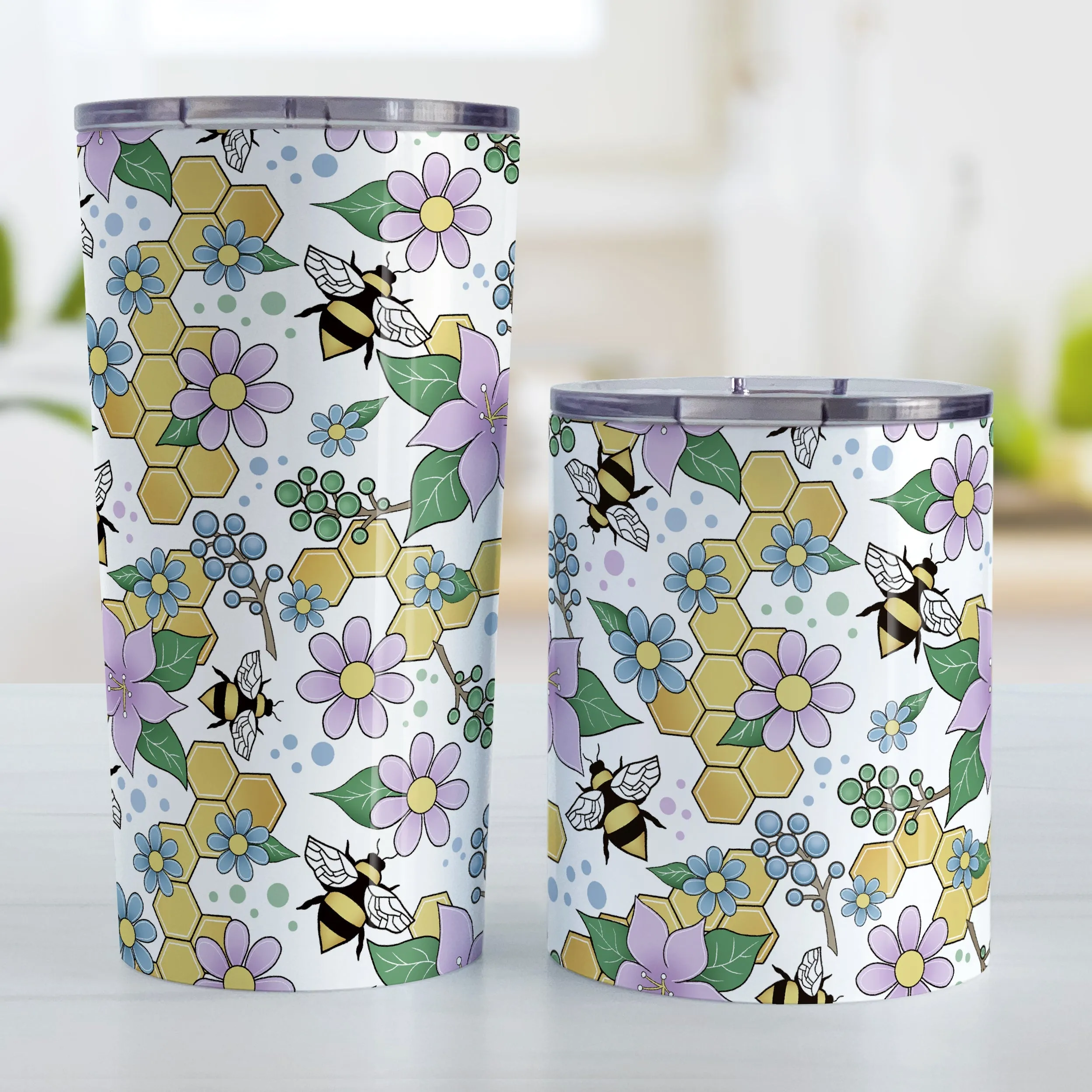 Colorful Purple Floral Bee Pattern Tumbler Cup