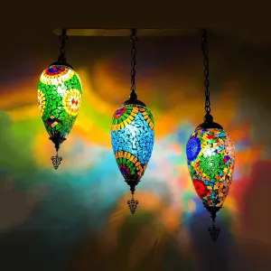 Colorful Stained Glass Waterdrop Cluster Pendant Light for Bedroom - Traditional 3-Head Ceiling Hanging Lamp in Blue/Green/Red and Blue