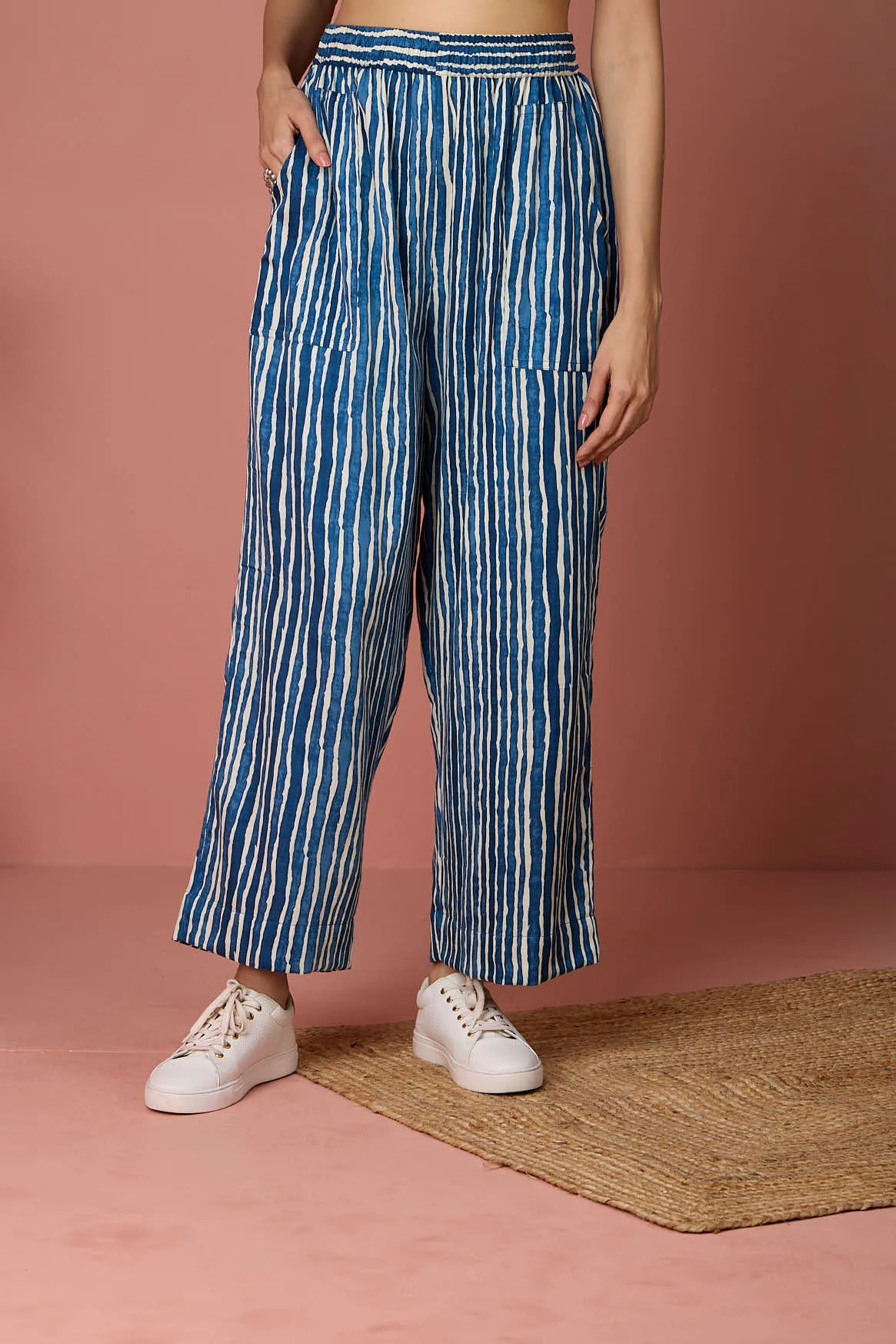 comfort fit cotton pants - blue & lines