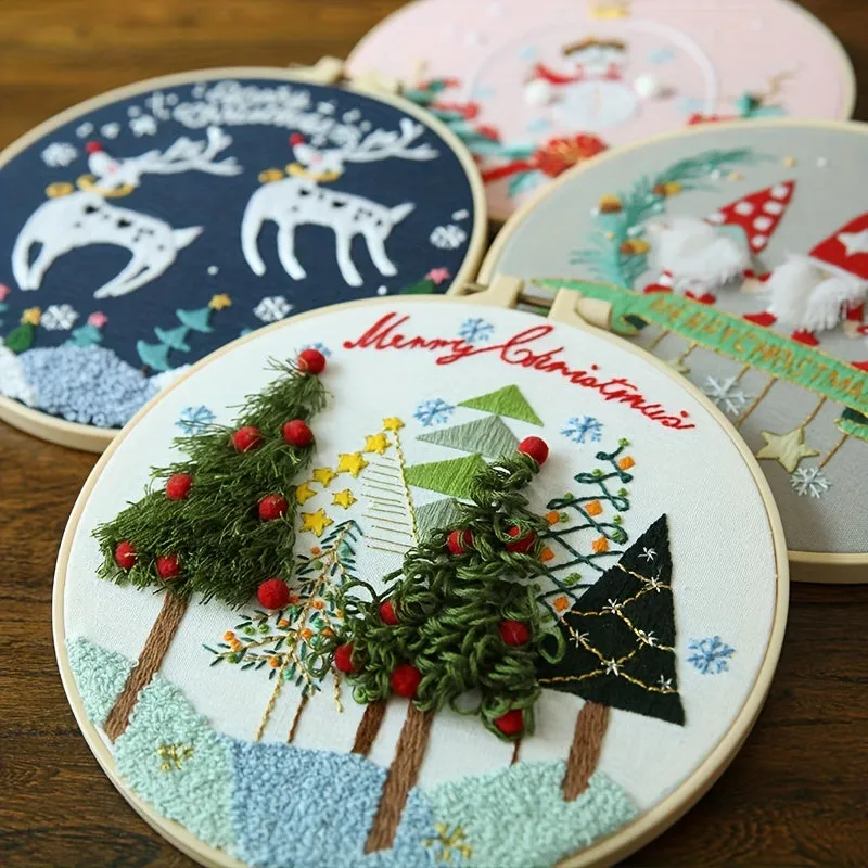 Complete 3D Embroidery Kit with Christmas Patterns and Hoop