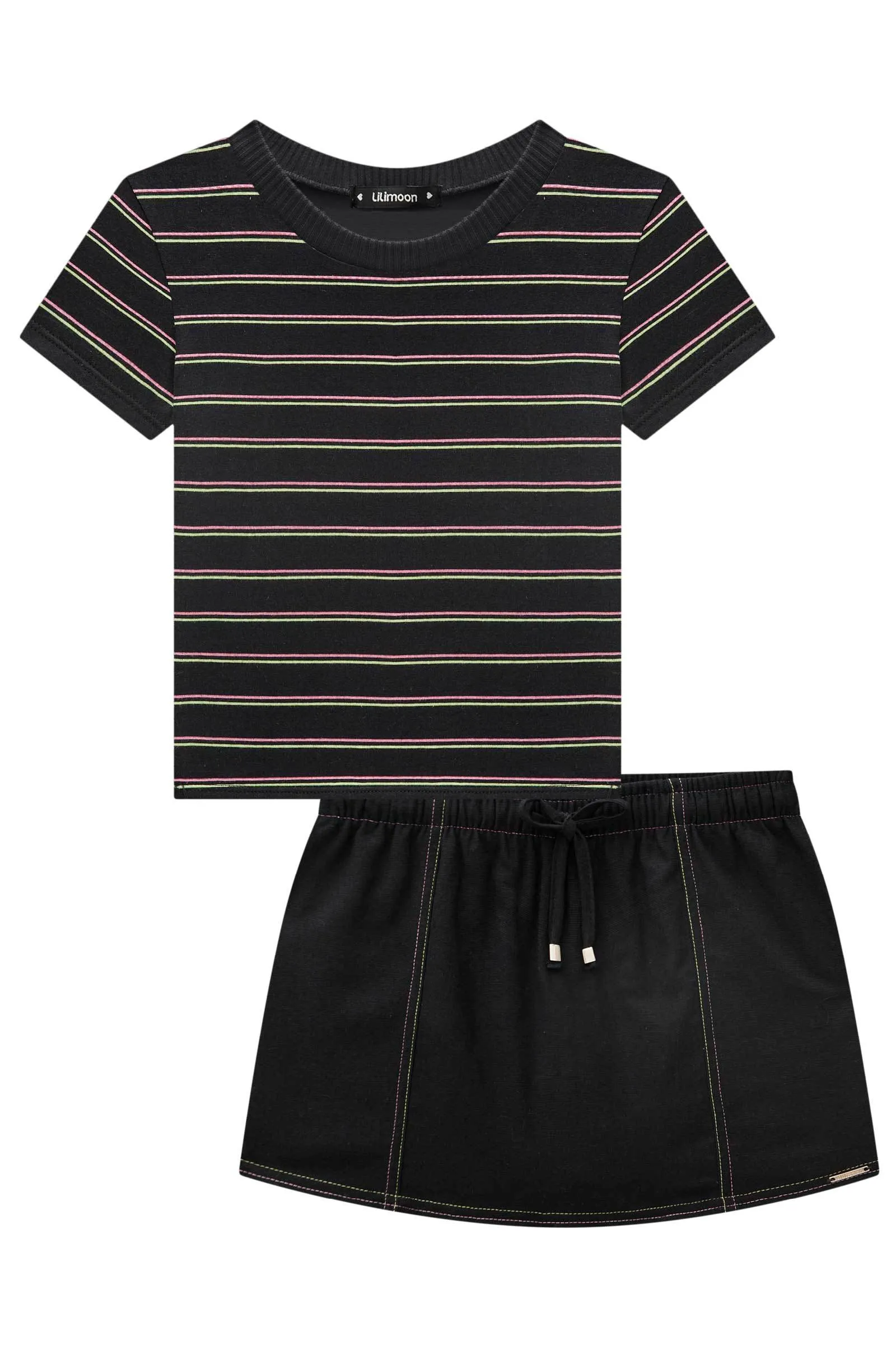 Conjunto de Blusa Baby Look em Cotton Listrado e Short Saia em Linho Santorinio 77708 Lilimoon