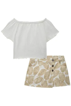 Conjunto de Blusa Croppesd em Malha Elastic e Short Saia em Sarja Estampada 78877 Lilimoon