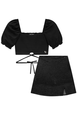 Conjunto de Blusa Top Cropped em Airflow e Saia em Paetê 73989 Vic&Vicky