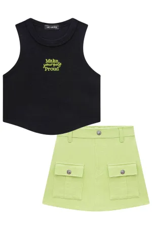 Conjunto de Cropped em Ribana 1x1 e Short Saia em Moletom 74426 Vic&Vicky