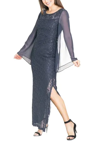 Connected Apparel Scoop Neck Chiffon Long Sleeve Slit Side Sequined Lace Dress