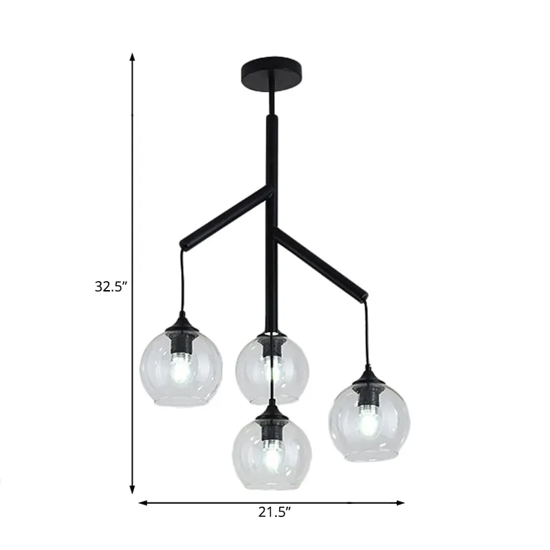 Contemporary 4-Light Metal Branch Chandelier: Black Hanging Pendant with Clear Glass Shade