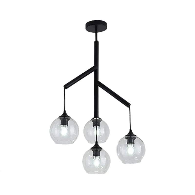 Contemporary 4-Light Metal Branch Chandelier: Black Hanging Pendant with Clear Glass Shade