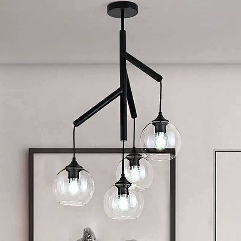 Contemporary 4-Light Metal Branch Chandelier: Black Hanging Pendant with Clear Glass Shade