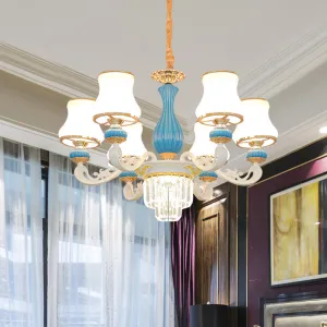 Contemporary Blue and White Chandelier with Opal Glass and Crystal Hangings