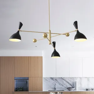 Contemporary Brass Chandelier with Funnel-Shaped Design and Black/White Shade