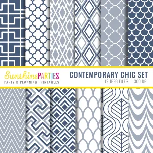 Contemporary Chic Digital Paper Set | Digital Paper Bundle | Navy, white and gray