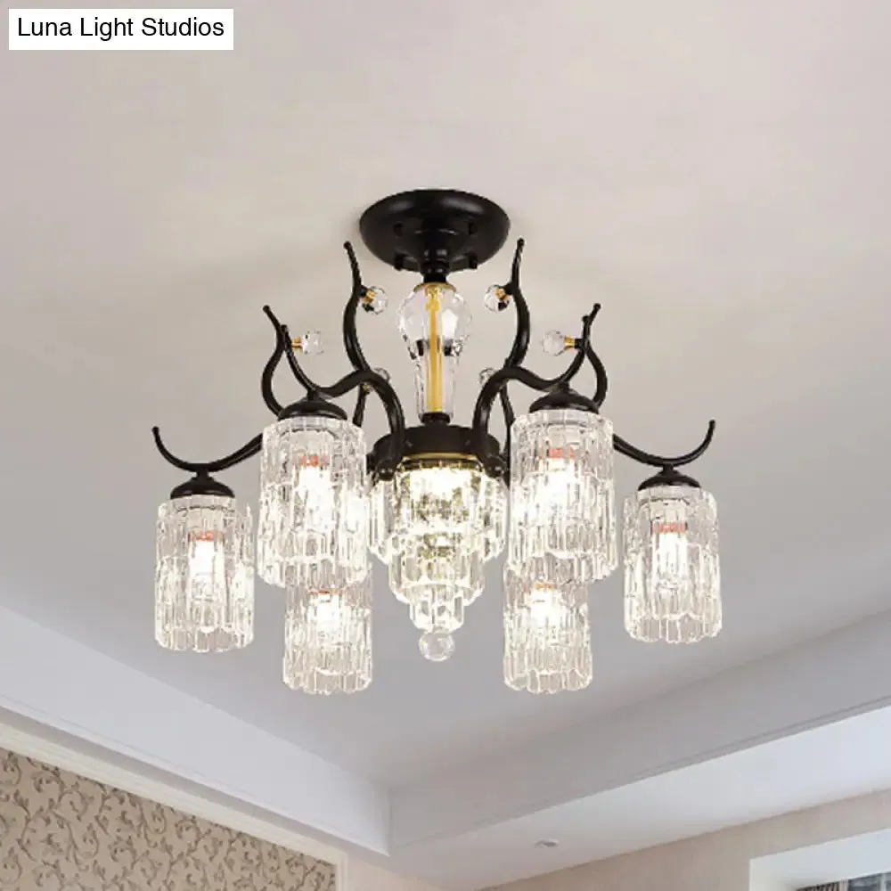 Contemporary Crystal Black Flush Chandelier -Cylindrical Bedroom Semi Ceiling Mount Lamp (3/6 Heads)