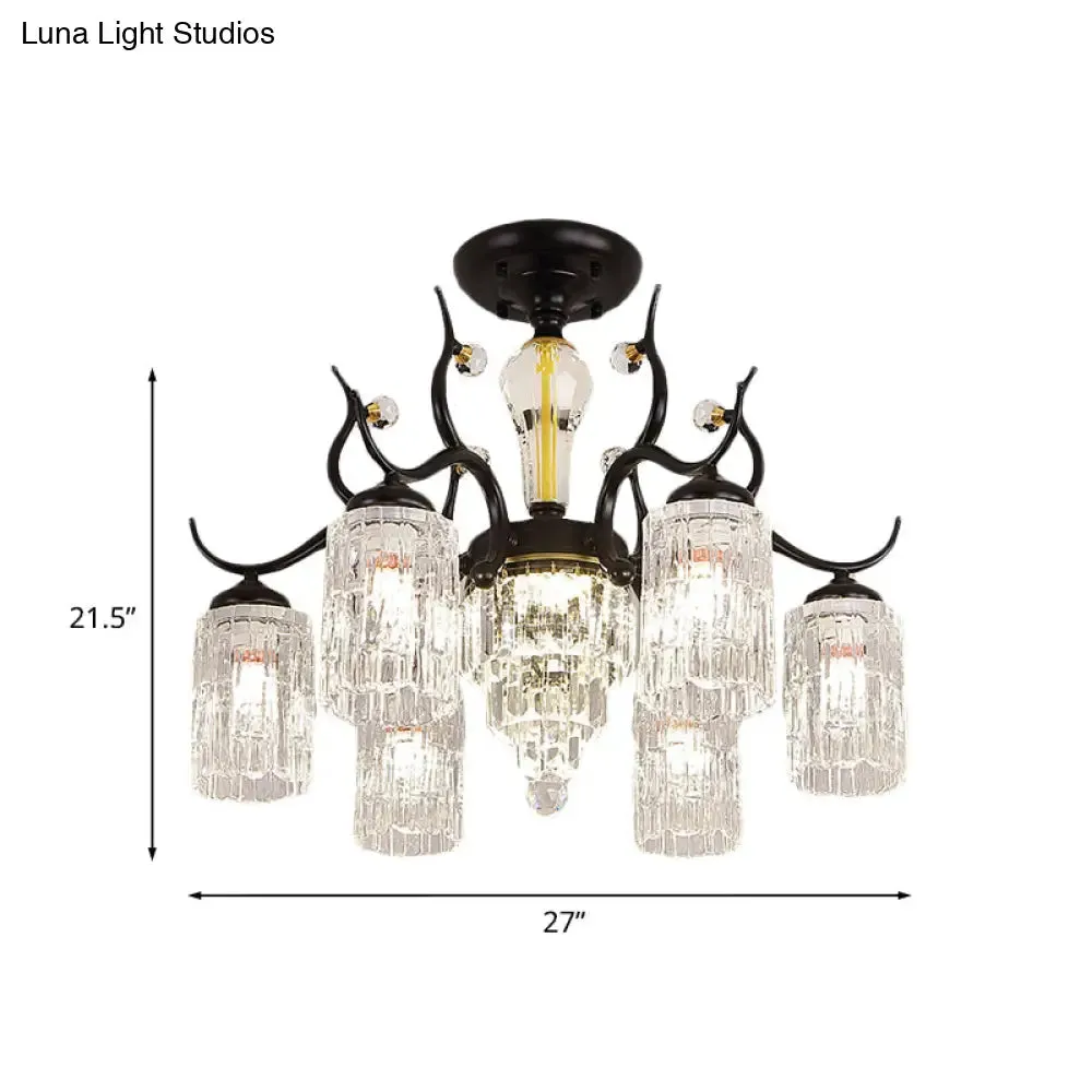 Contemporary Crystal Black Flush Chandelier -Cylindrical Bedroom Semi Ceiling Mount Lamp (3/6 Heads)