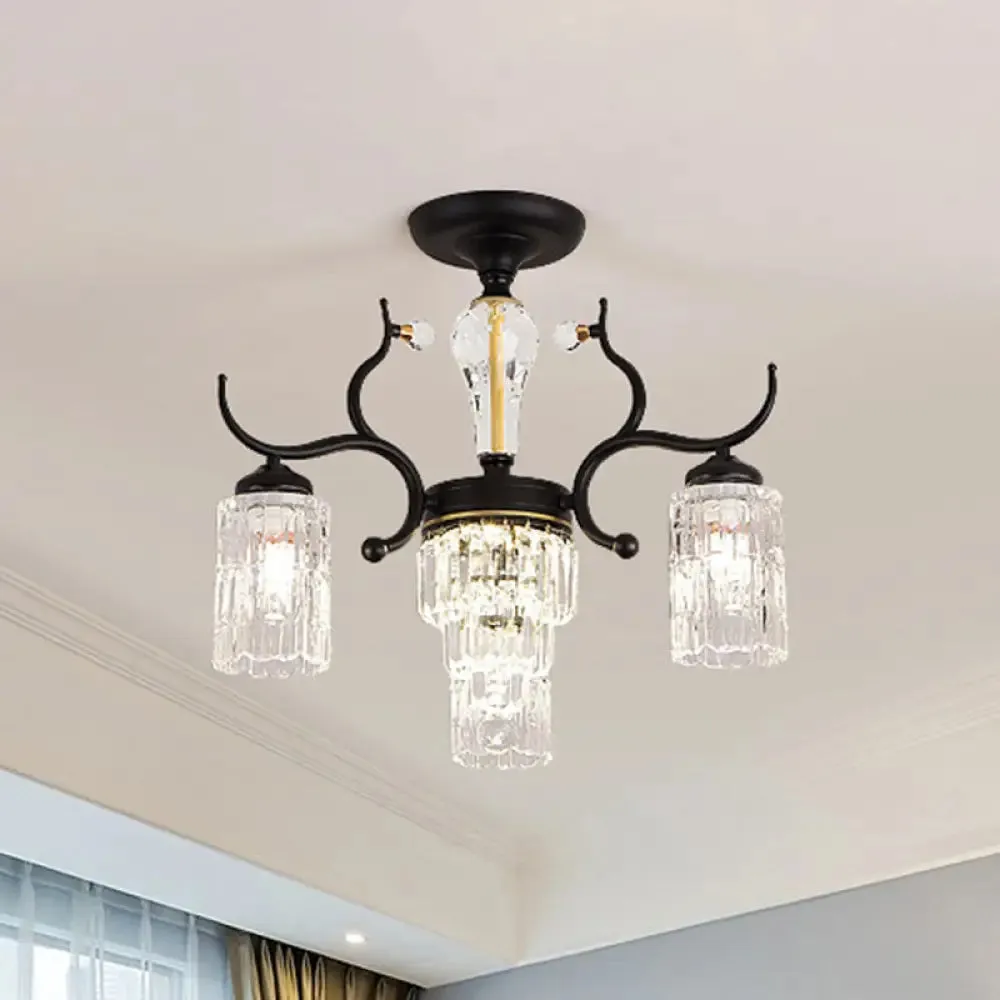 Contemporary Crystal Black Flush Chandelier -Cylindrical Bedroom Semi Ceiling Mount Lamp (3/6 Heads)