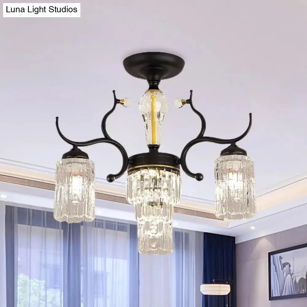 Contemporary Crystal Black Flush Chandelier -Cylindrical Bedroom Semi Ceiling Mount Lamp (3/6 Heads)