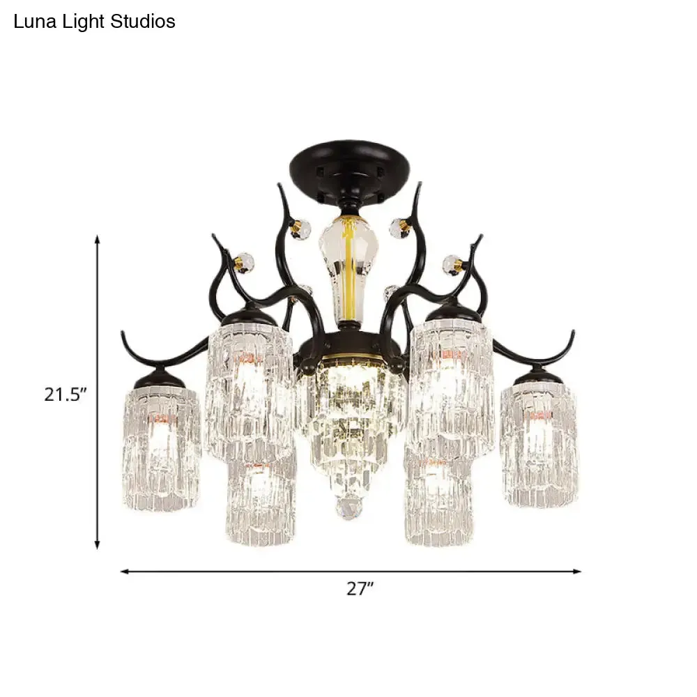 Contemporary Crystal Black Flush Chandelier -Cylindrical Bedroom Semi Ceiling Mount Lamp (3/6 Heads)