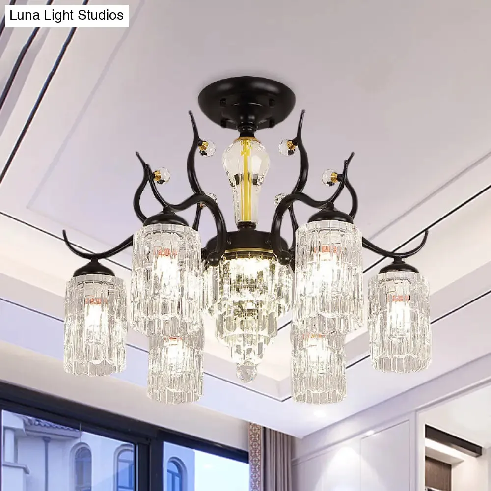 Contemporary Crystal Black Flush Chandelier -Cylindrical Bedroom Semi Ceiling Mount Lamp (3/6 Heads)