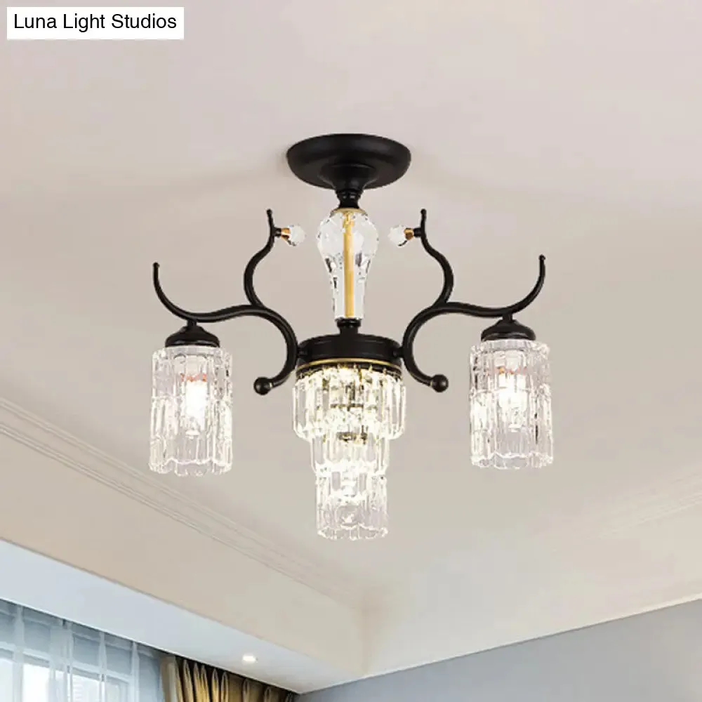 Contemporary Crystal Black Flush Chandelier -Cylindrical Bedroom Semi Ceiling Mount Lamp (3/6 Heads)