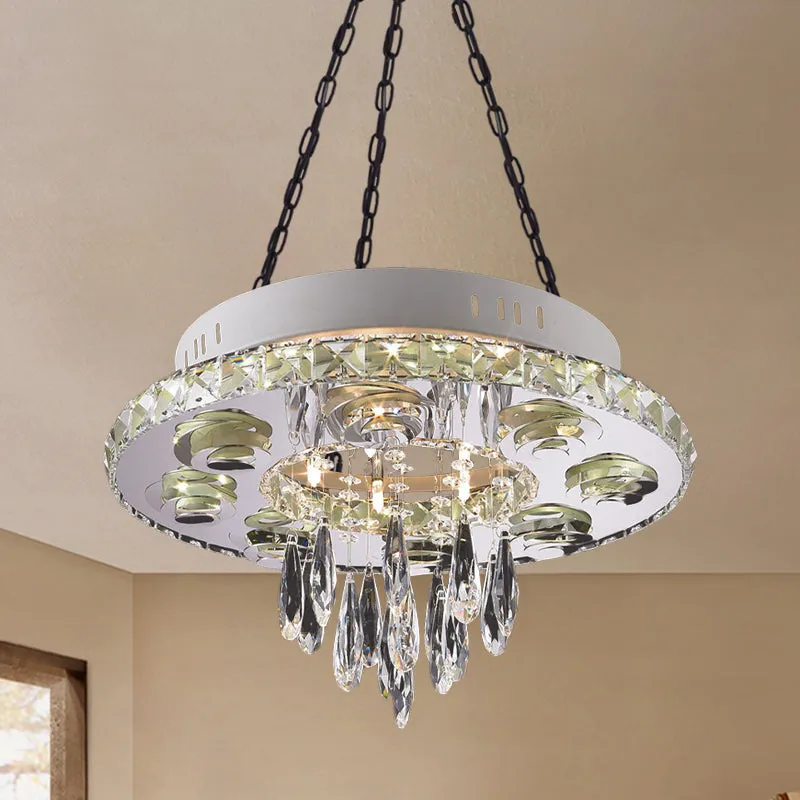 Contemporary Crystal Chandelier - White 6-Light Pendant with Circular Design and Droplets