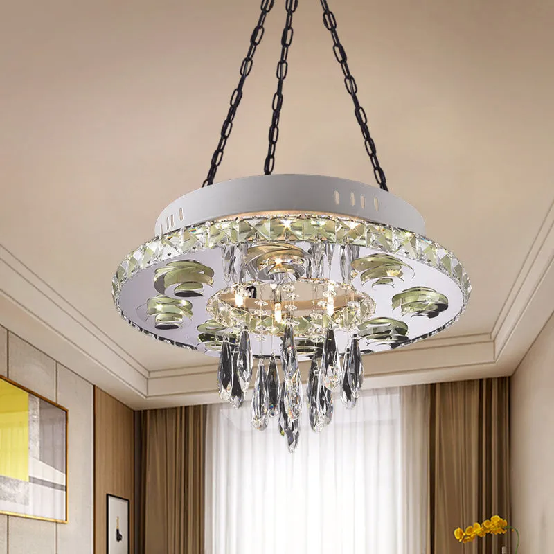 Contemporary Crystal Chandelier - White 6-Light Pendant with Circular Design and Droplets