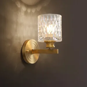 Contemporary Cylindrical Wall Light: Stylish Clear Dimpled Glass Design, Golden Wall Sconce for Bedroom