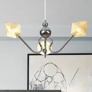 Contemporary Diamond Amber Glass Chandelier - 3 Lights, Chrome LED Pendant Lamp