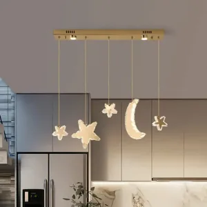 Contemporary LED Pendant Lamp - Moon and Star Bedroom Hanging Light with Clear Crystal Blocks, Stainless-Steel Design