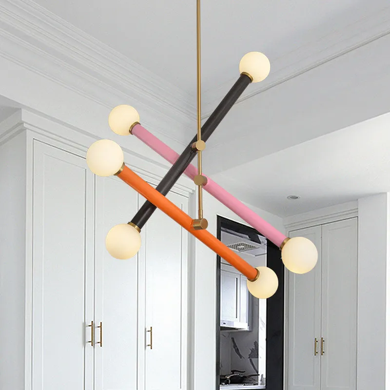 Contemporary Metallic Linear Pendant Chandelier - 6 Bulb LED Suspension Light in Black, Pink, and Orange