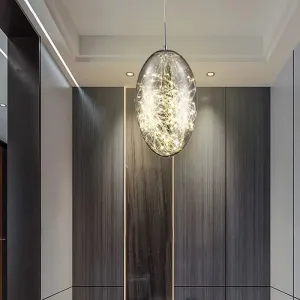 Contemporary Oval LED Pendant Light in Smoke Gray/Amber Glass for Living Rooms