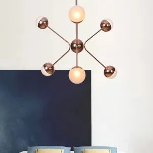 Contemporary Rose Gold LED Chandelier with Amber Glass Shade – 6-Light Bedroom Ceiling Lamp