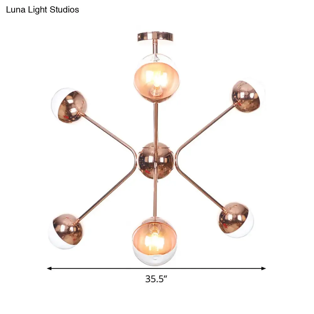 Contemporary Rose Gold LED Chandelier with Amber Glass Shade – 6-Light Bedroom Ceiling Lamp