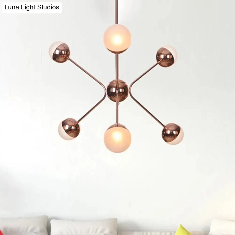 Contemporary Rose Gold LED Chandelier with Amber Glass Shade – 6-Light Bedroom Ceiling Lamp