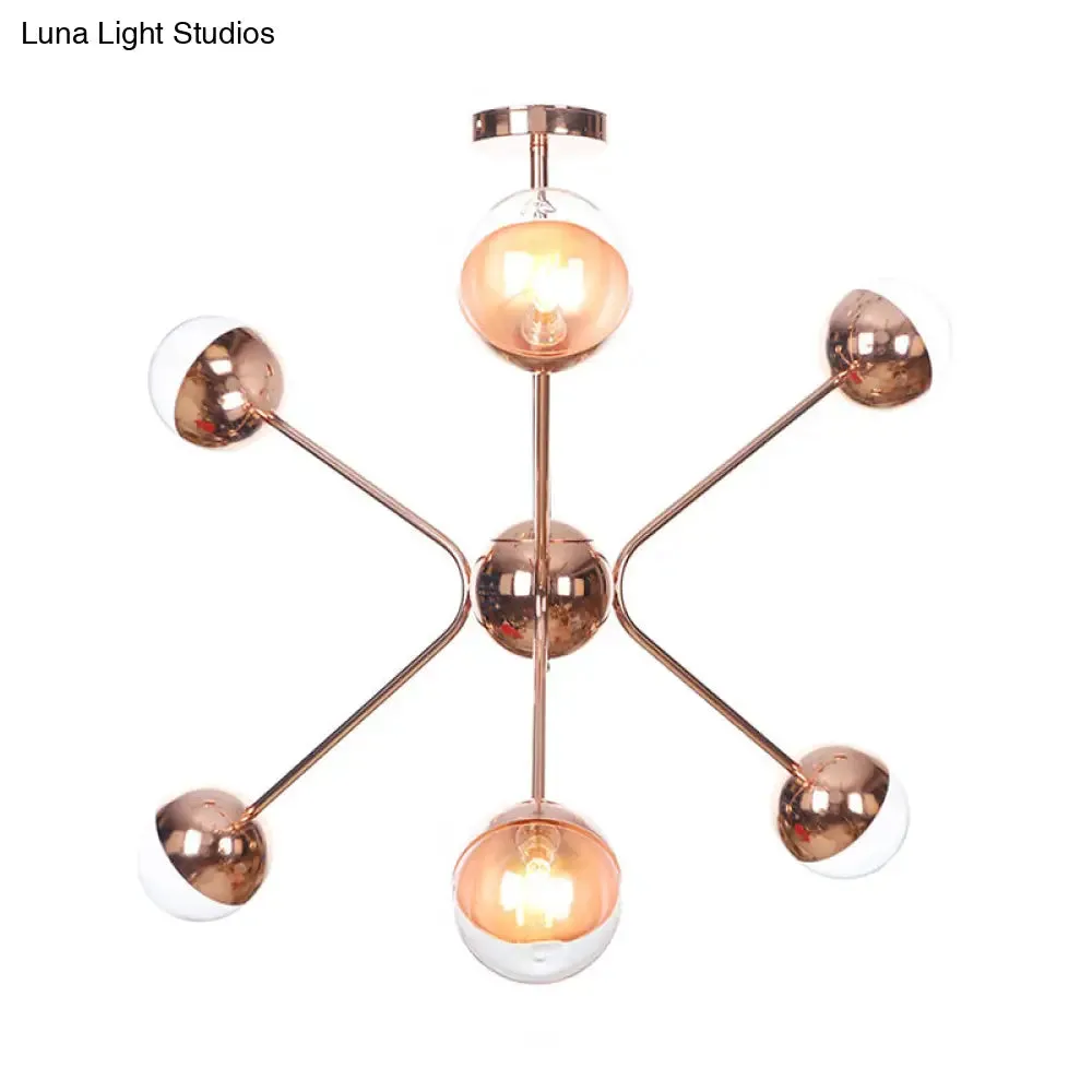 Contemporary Rose Gold LED Chandelier with Amber Glass Shade – 6-Light Bedroom Ceiling Lamp