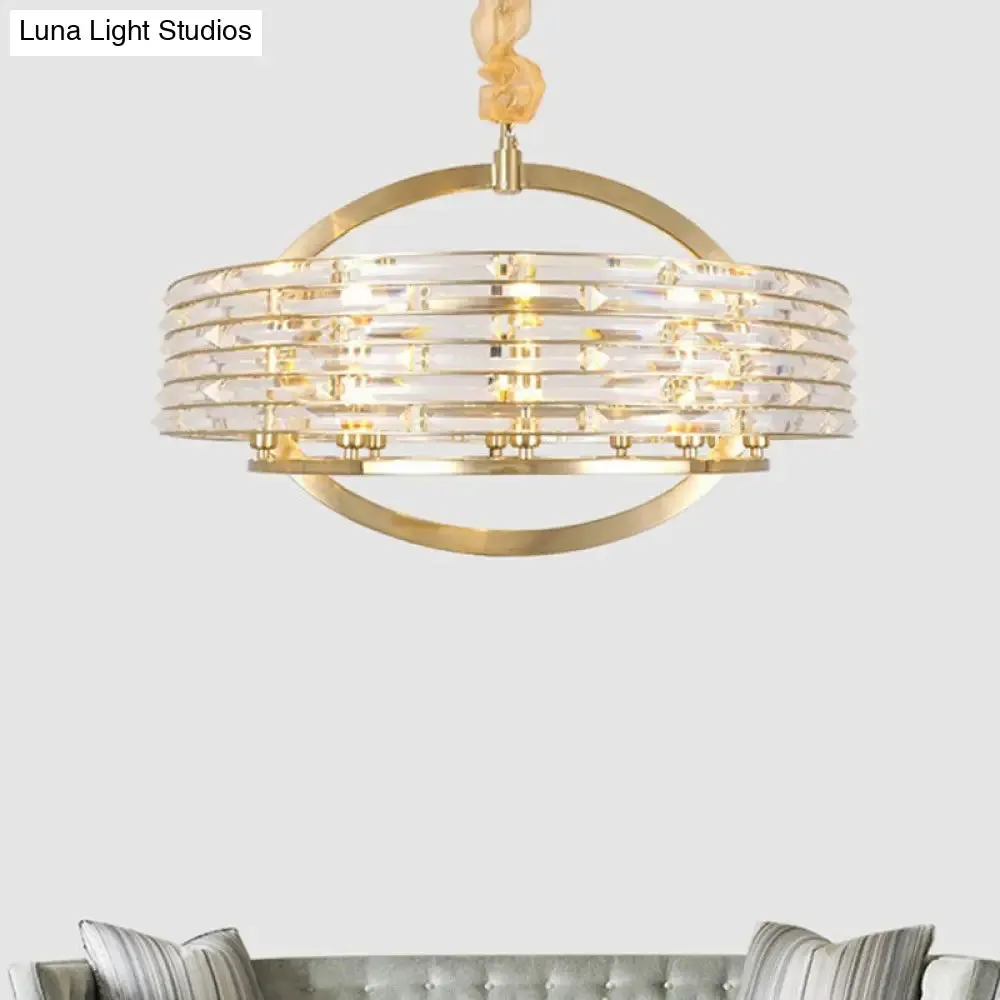 Contemporary Round Crystal Chandelier - 6 Heads, Brass Finish