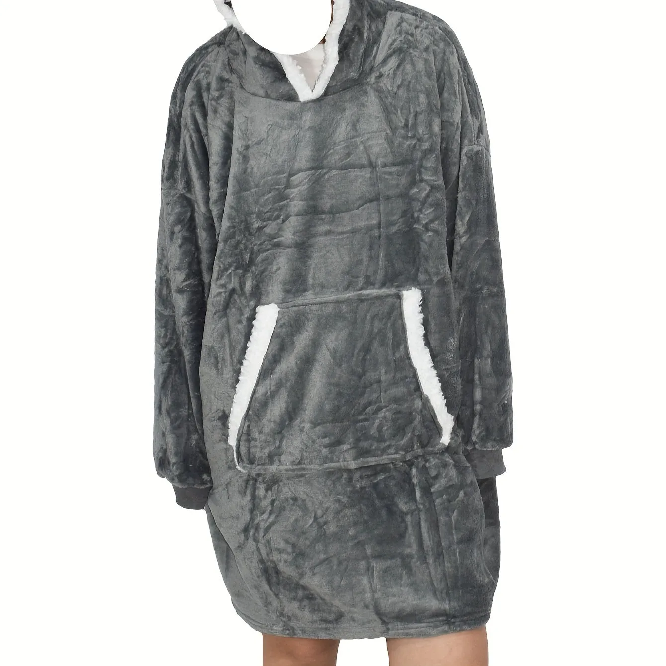 Contemporary Wearable Flannel Blanket Hoodie - Machine Washable, Hypoallergenic, Polyester Fleece Loungewear with Pocket - No-Print, Woven Craftsmanship, Gray Lounging Robe