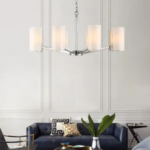 Contemporary White Glass Cylindrical Chandelier - 8-Light Silver Pendant Lamp with Adjustable Chain