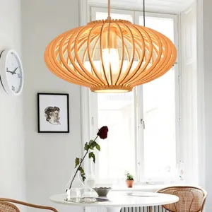 Contemporary Wooden Lantern Pendant Light in Beige for Living Room