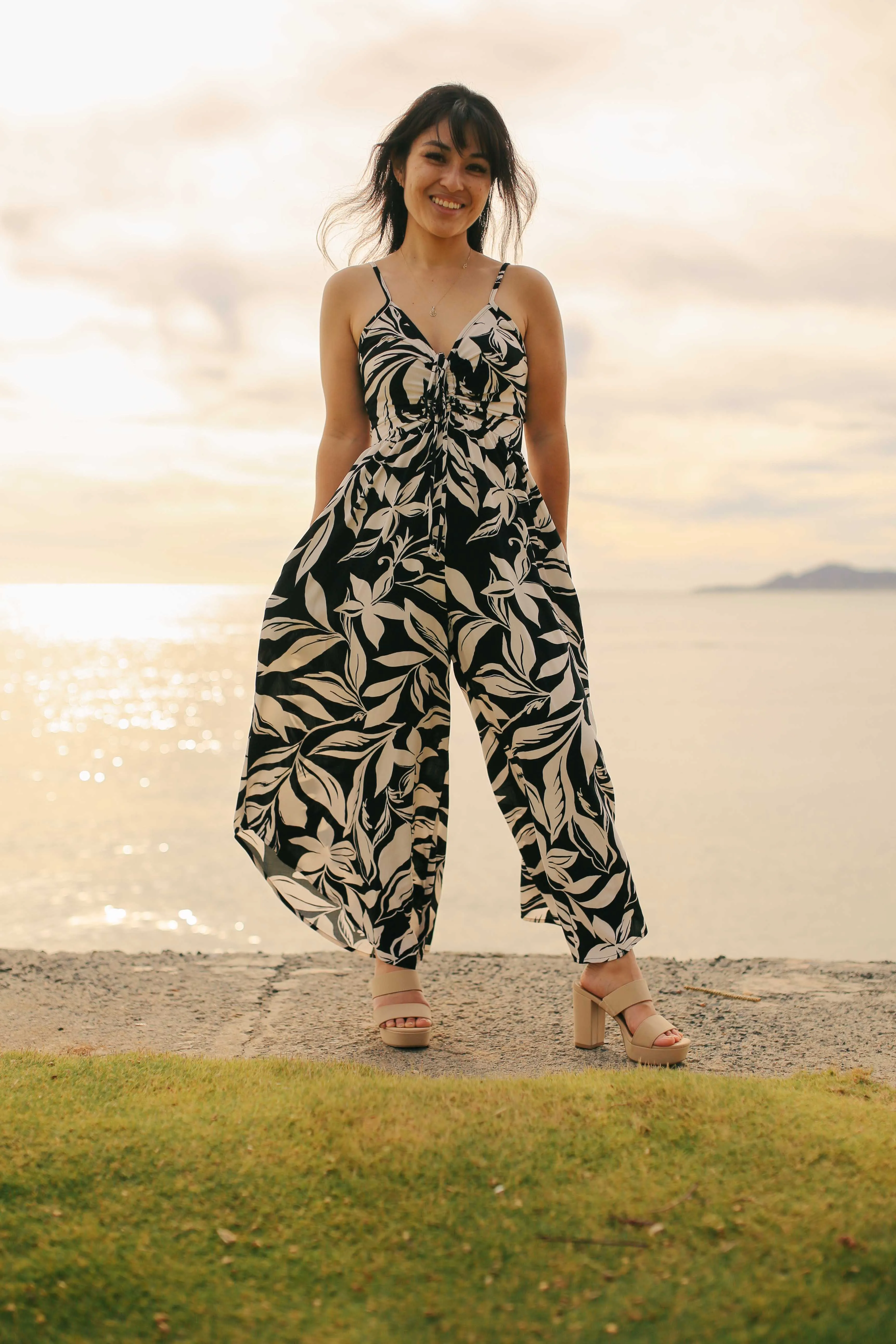 Contrast Print Ruche Jumpsuit