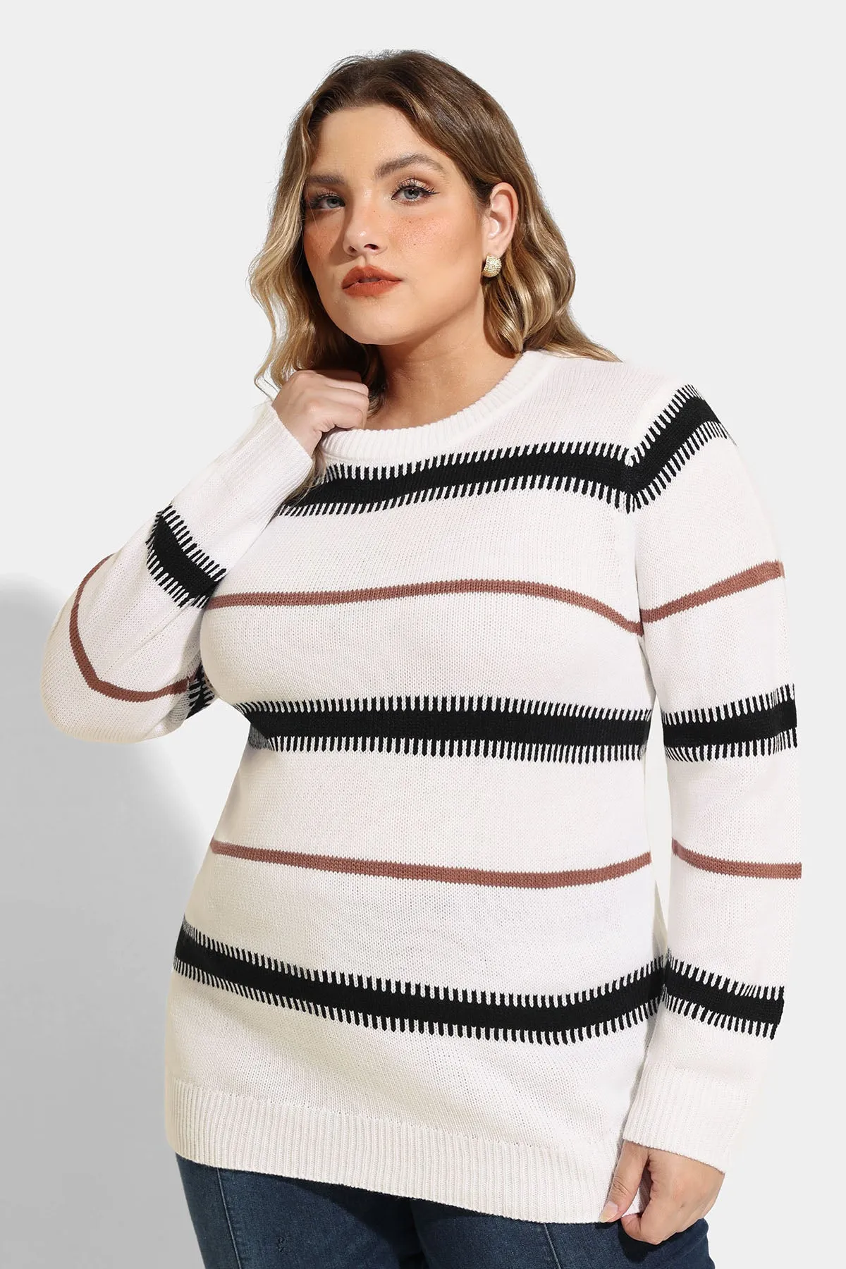 Contrast Striped Woolen Pullover Sweater