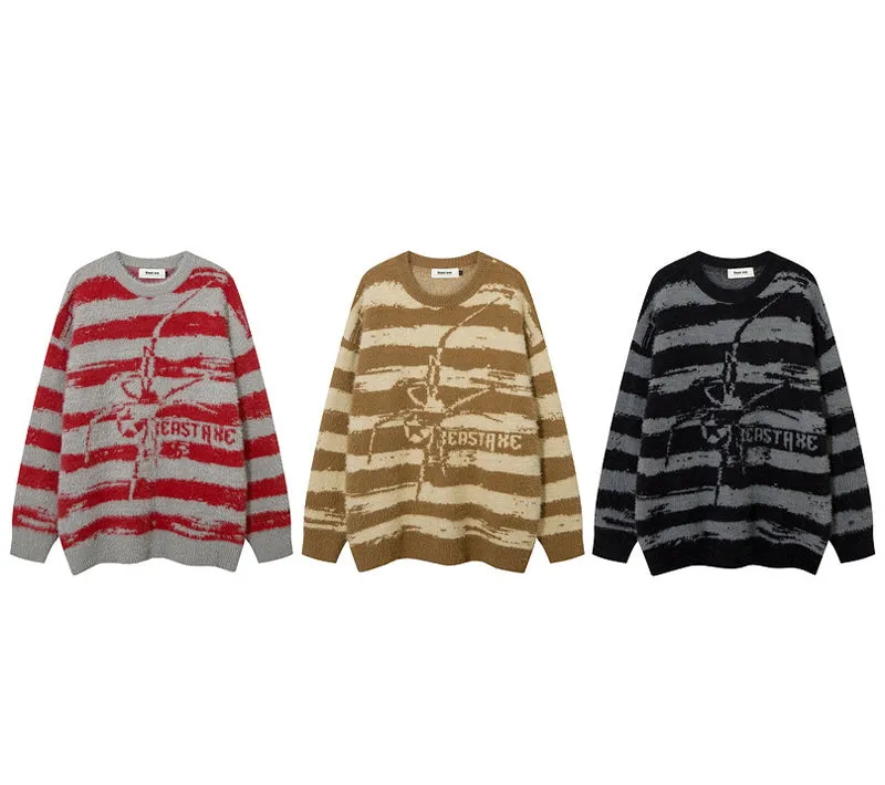 Contrasting Striped Spider Jacquard Mink Sweater